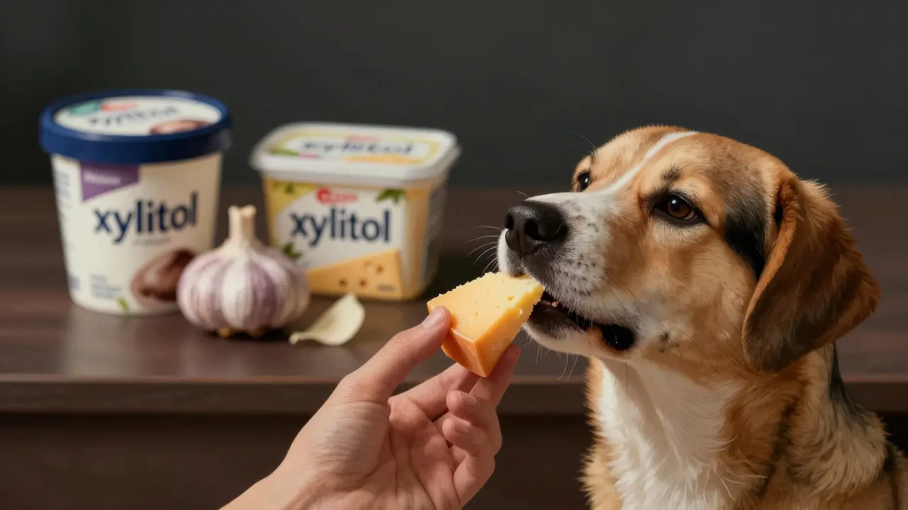 Собака нюхает кусочек твёрдого сыра, рядом — запрещённые продукты.