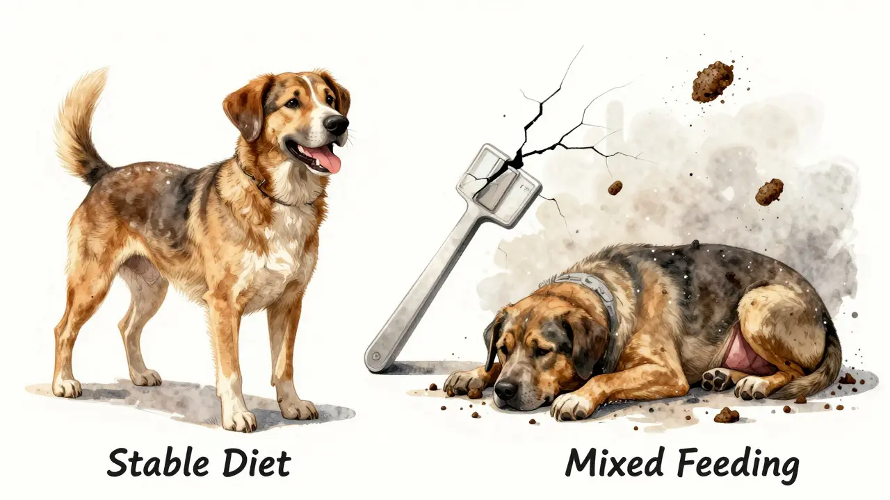 Две стороны одной собаки: здоровая и больная, показывающие последствия стабильного и смешанного питания.