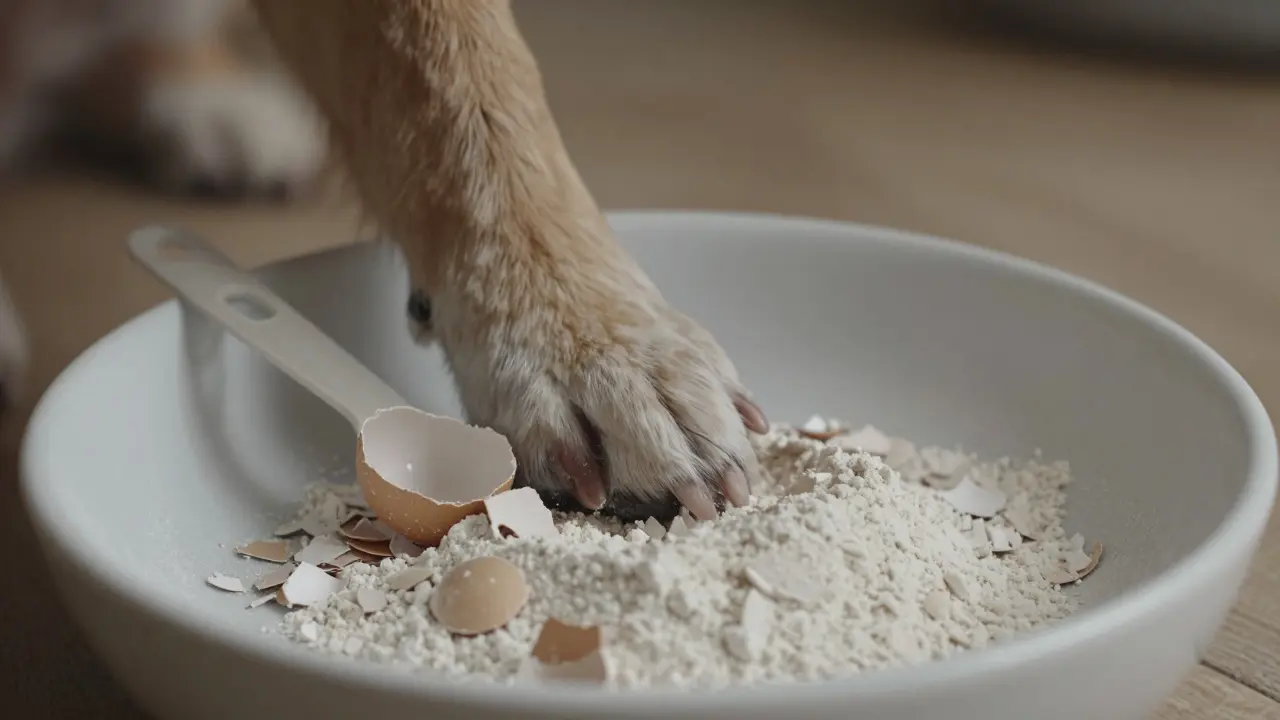 Измельченная яичная скорлупа смешана с кормом для собак в миске.