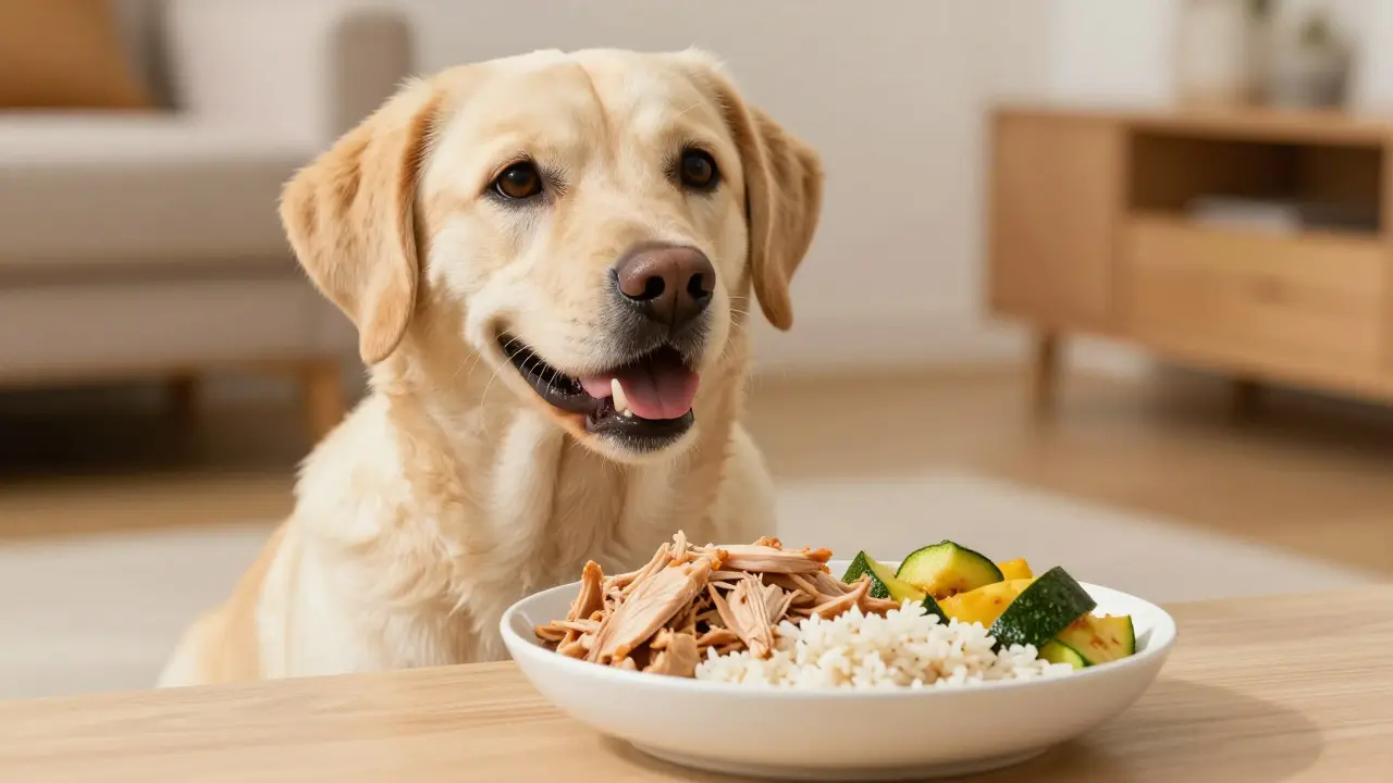 Миска с готовой едой и довольная собака ждет ужина дома