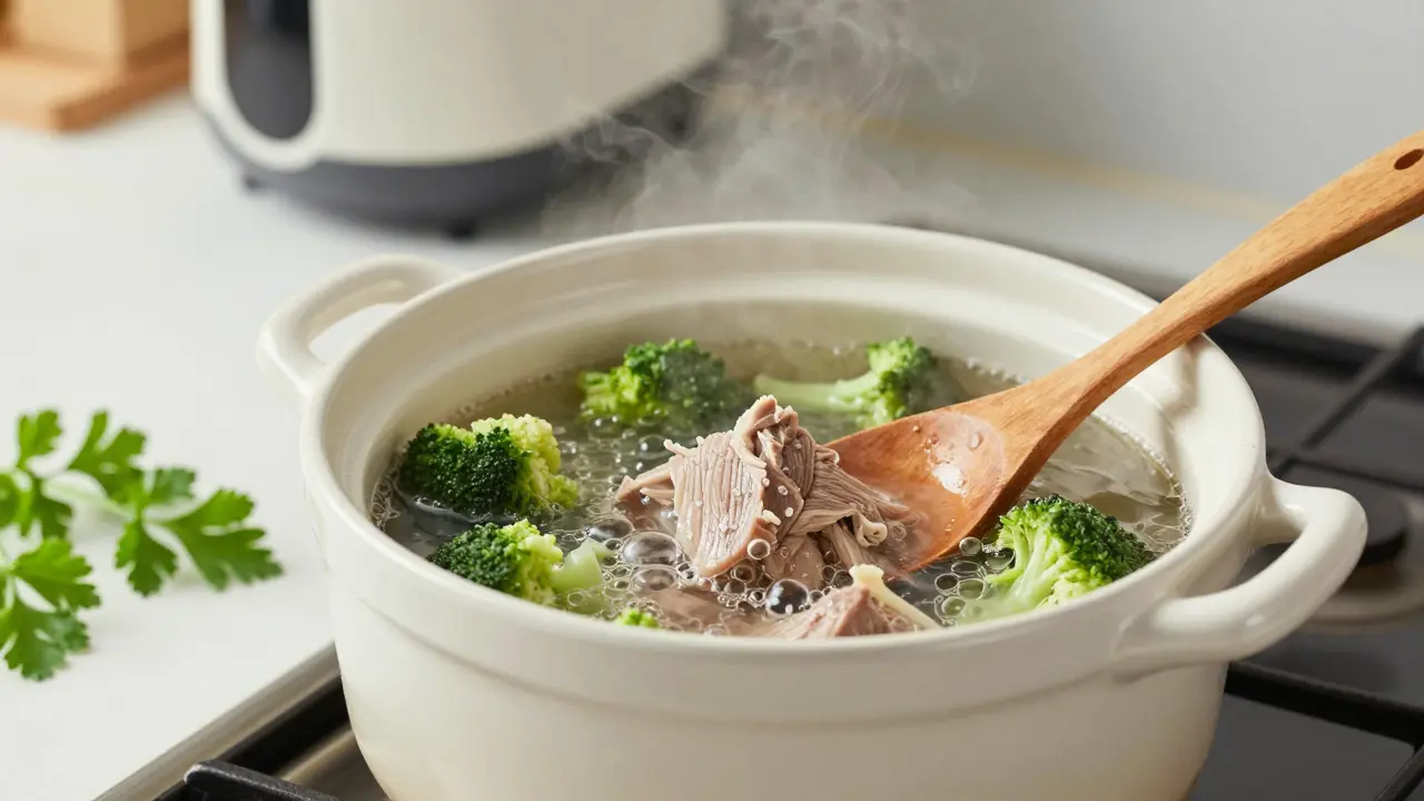 Процесс варки полезных блюд для собаки в кастрюле на плите