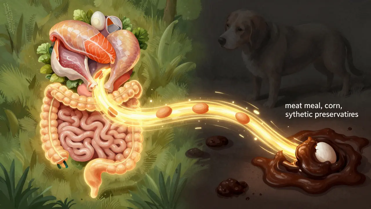 Схема пищеварительной системы собаки: полезные ингредиенты текут светом, а вредные — тёмной слизью.