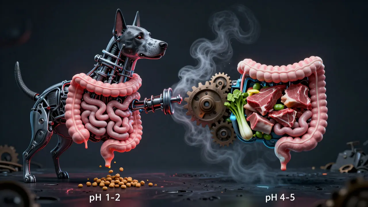 Схематичное изображение желудка собаки как сломанного двигателя с конфликтующими средами.