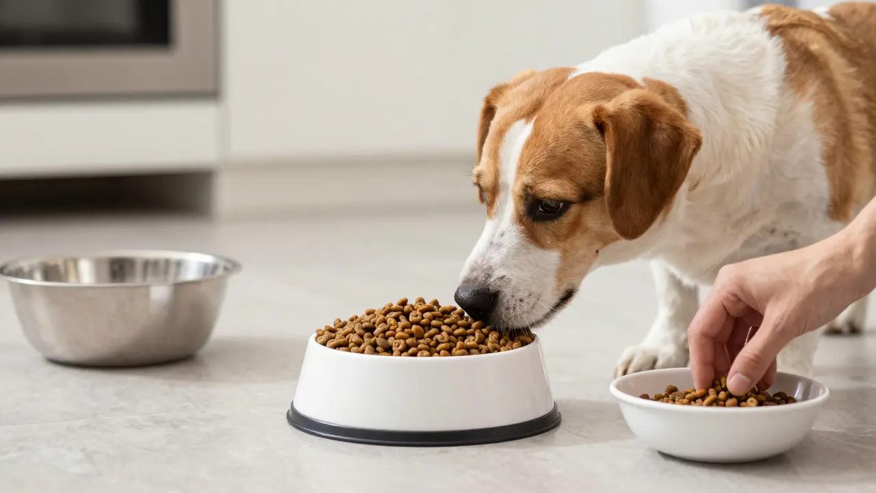Собака использует кормушку-головоломку, рядом человек ставит свежую порцию в чистую миску.