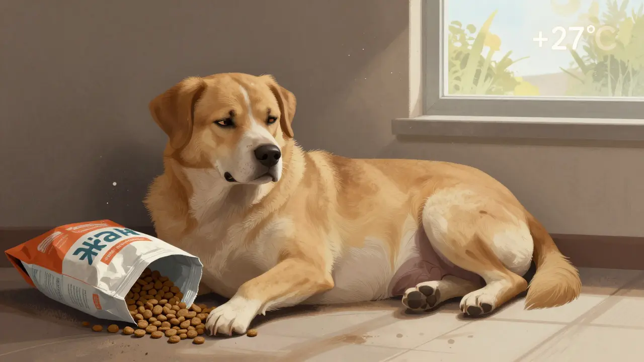 Собака с вздутым животом рядом с миской и пыльным кормом, влажный воздух и солнечный свет из окна.