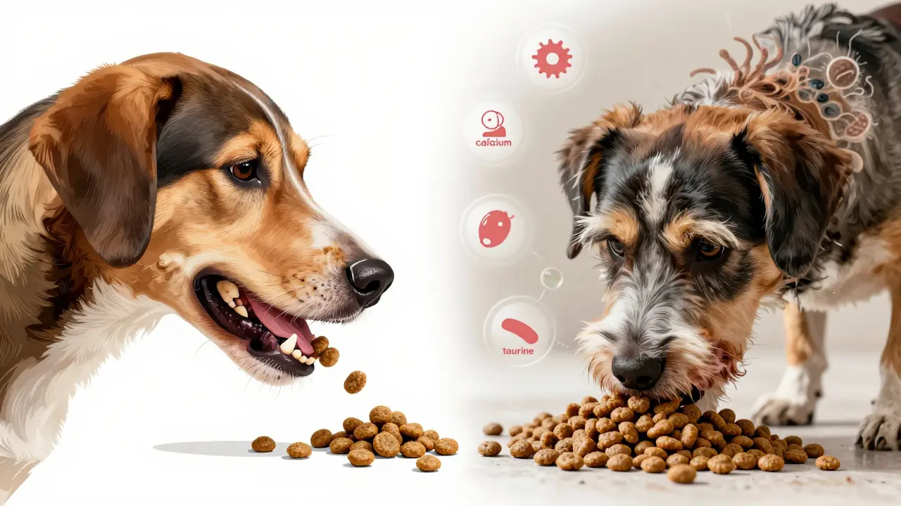 Сравнение здоровых зубов собаки при жевании сухого корма и налета при питании влажным кормом.