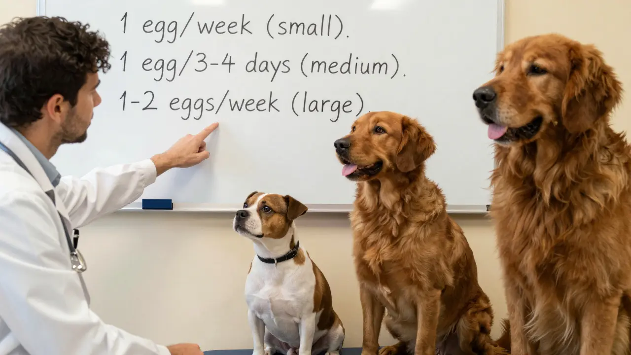 Три породы собак с владельцами и ветеринаром, рядом — рекомендации по количеству яиц.