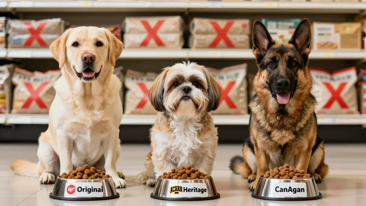 Три собаки разных пород с блестящей шерстью рядом с тремя лучшими кормами 2026 года.