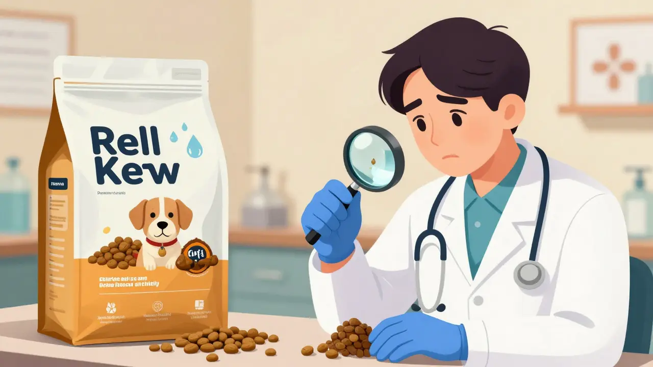 Ветеринар осматривает образец кала собаки, сравнивая качественный и дешевый корм.