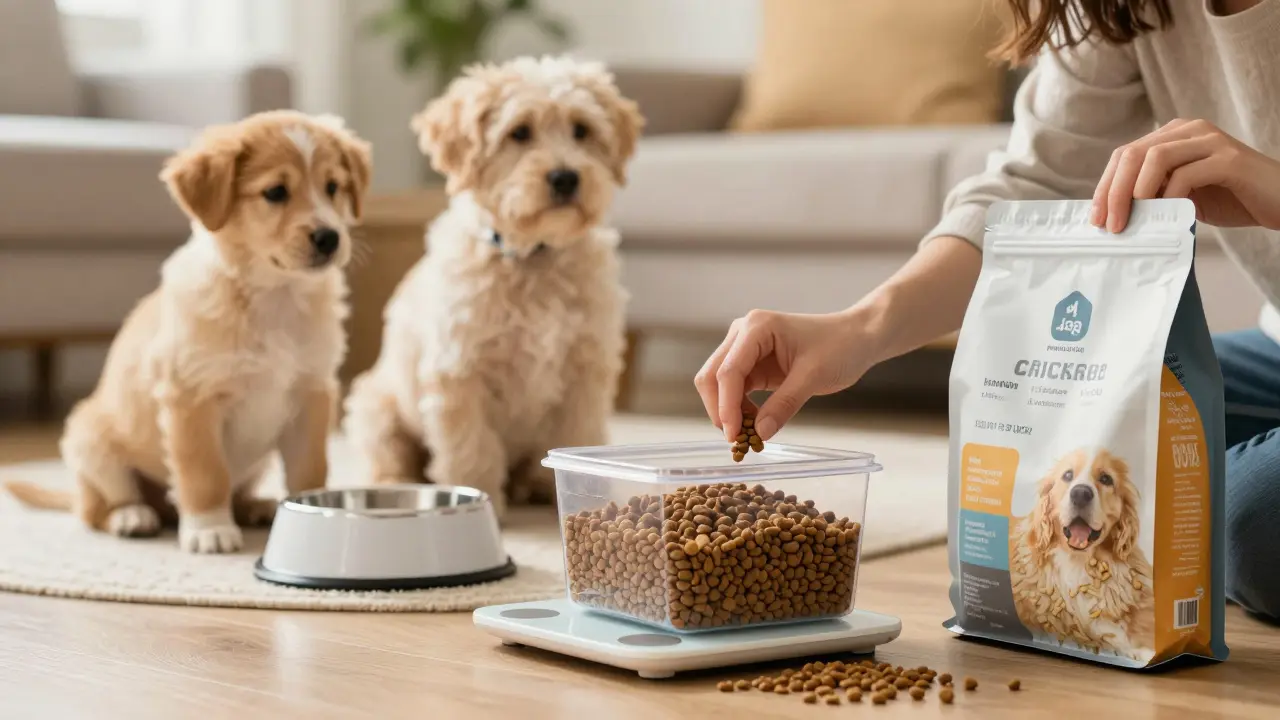Владелец взвешивает сухой корм для собаки, рядом сидят щенок и пожилая собака.