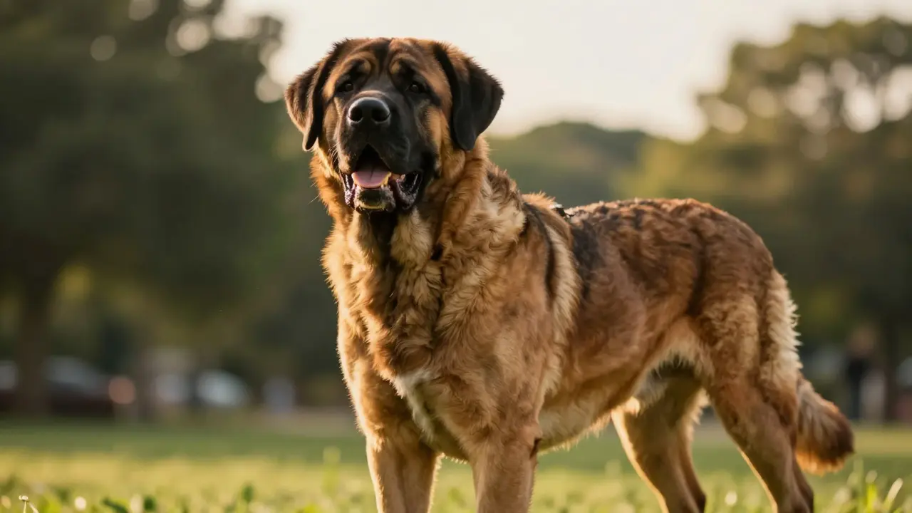 Крупная здоровая собака с блестящей шерстью в зеленом парке при солнечном свете