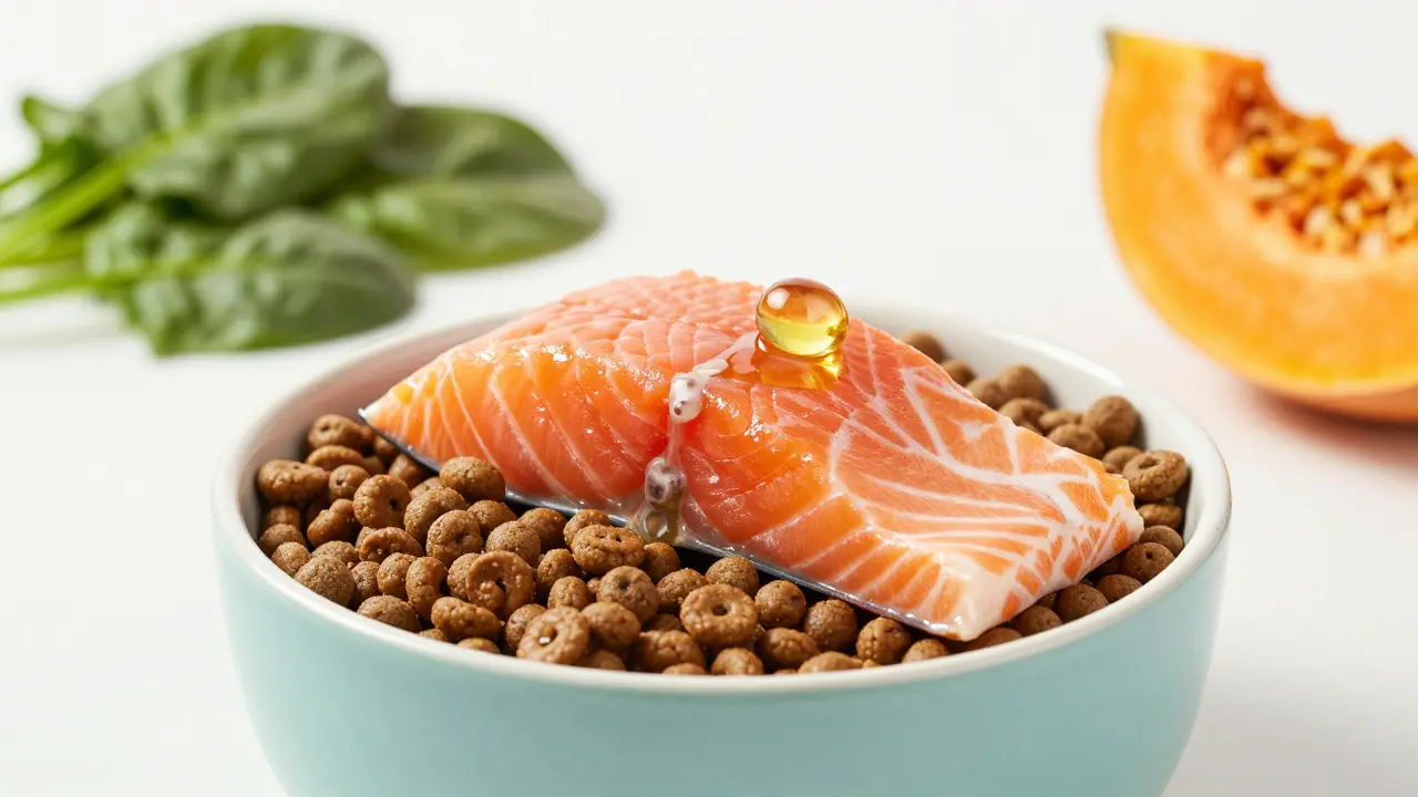 Миска с качественным кормом для собак, лососем и омега-3