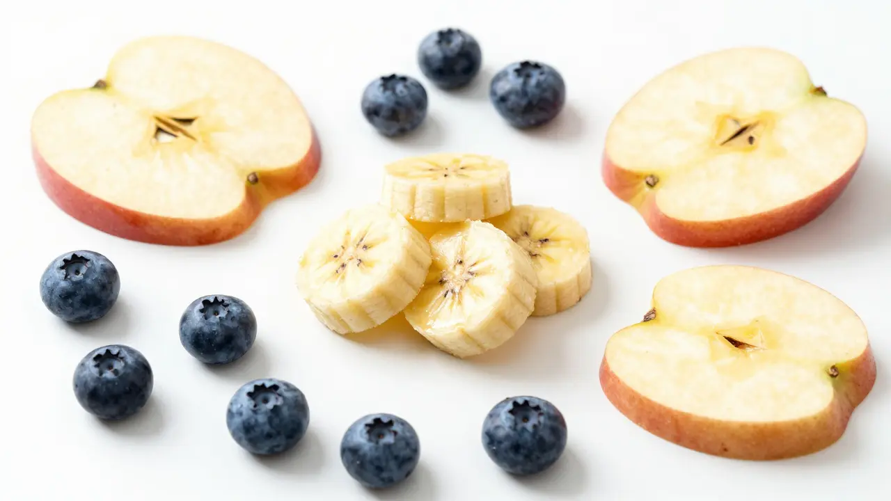 Набор полезных лакомств для собак: бананы, голубика и яблоки на белом фоне