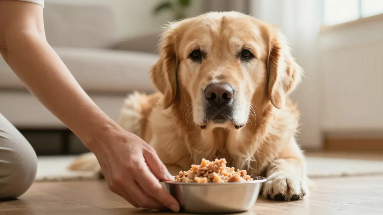 Пожилый золотистый ретривер перед миской с мягким натуральным кормом