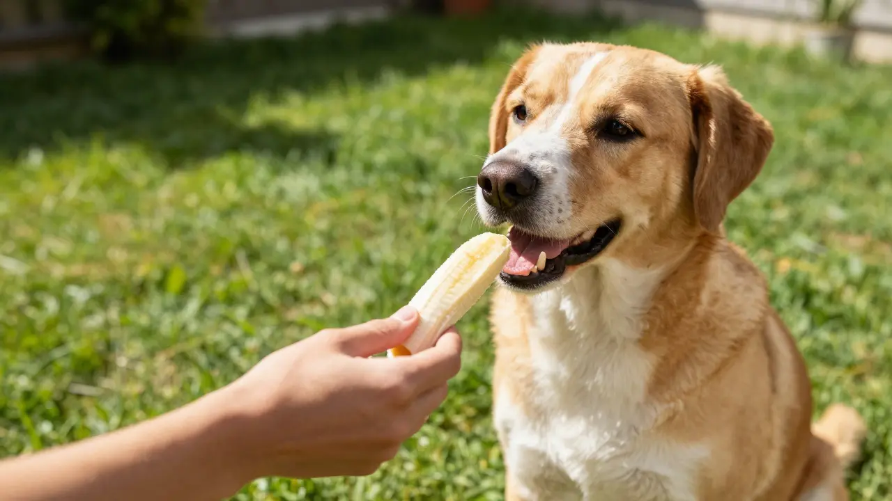 Счастливая собака получает замороженный кусочек банана в зеленом саду