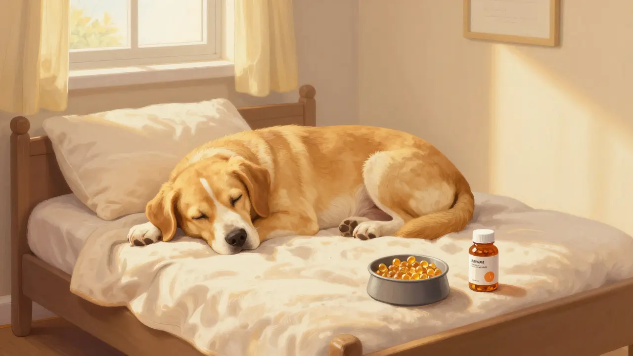 Собака отдыхает на мягкой лежанке рядом с лечебным кормом в уютной комнате