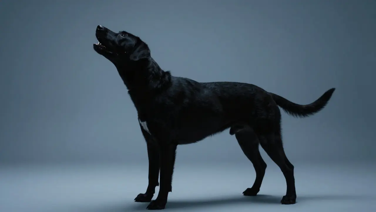 Собака в состоянии одышки, стоящая с широко расставленными лапами и вытянутой шеей