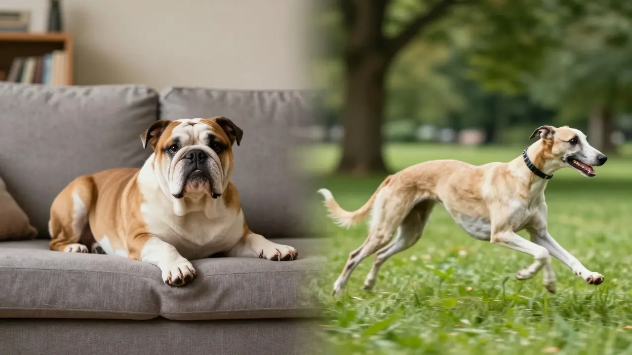 Сравнение ленивого мопса на диване и активной борзой на прогулке