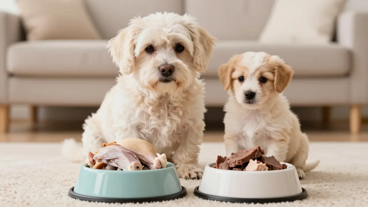 Старая собака и щенок рядом с мисками правильно подобранного по возрасту мяса