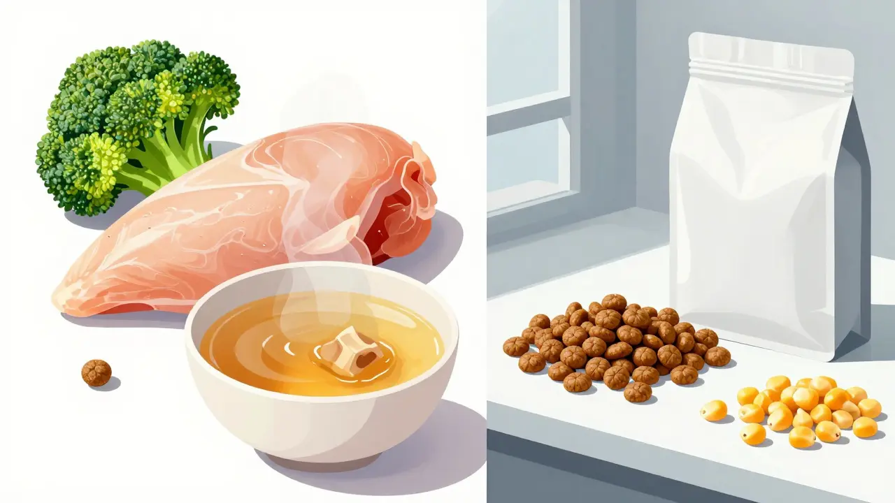 Контраст между натуральными продуктами и промышленным кормом для собак